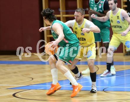 Basketball 2. Liga 2025/2026. Grunddurchgang 18. Runde.  Woerthersee Piraten gegen Future Team Steiermark.   Tim Huber (Piraten),  Moritz Mogg (Steiermark). Klagenfurt, am 14.2.2026
Foto: Kuess
---
pressefotos, pressefotografie, kuess, qs, qspictures, sport, bild, bilder, bilddatenbank