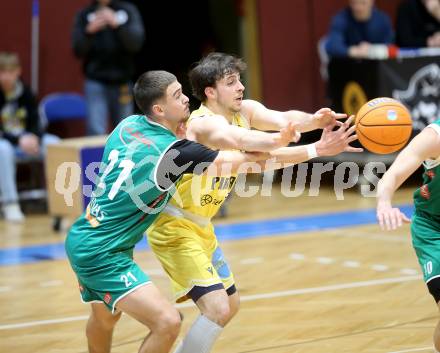 Basketball 2. Liga 2025/2026. Grunddurchgang 18. Runde.  Woerthersee Piraten gegen Future Team Steiermark. Elias Podany   (Piraten),  Benjamin Jugovic (Steiermark). Klagenfurt, am 14.2.2026
Foto: Kuess
---
pressefotos, pressefotografie, kuess, qs, qspictures, sport, bild, bilder, bilddatenbank