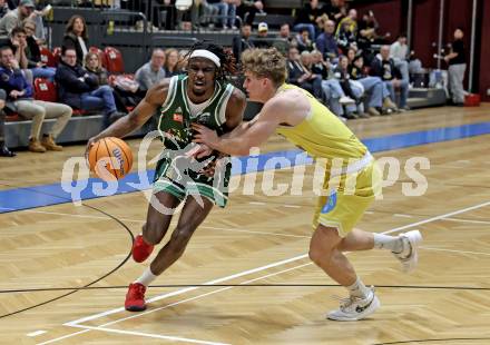 Basketball 2. Liga 2025/2026. Grunddurchgang 19. Runde.  Woerthersee Piraten gegen Dornbirn Lions. Luca Umile   (Piraten),  Aristote Bissokot (Dornbirn). Klagenfurt, am 21.2.2026
Foto: Kuess
---
pressefotos, pressefotografie, kuess, qs, qspictures, sport, bild, bilder, bilddatenbank