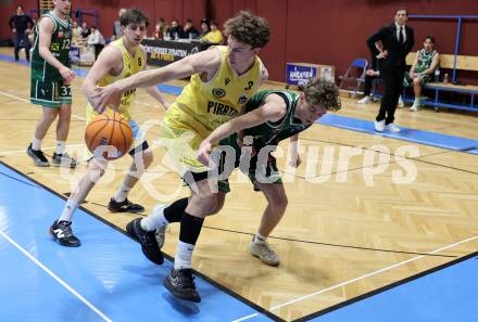 Basketball 2. Liga 2025/2026. Grunddurchgang 19. Runde.  Woerthersee Piraten gegen Dornbirn Lions.  Lukas Simoner  (Piraten),  Pius Hagen (Dornbirn). Klagenfurt, am 21.2.2026
Foto: Kuess
---
pressefotos, pressefotografie, kuess, qs, qspictures, sport, bild, bilder, bilddatenbank