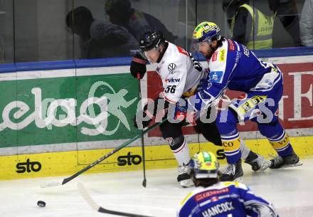 Eishockey ICE Bundesliga.  Winn2day ICE Hockey League. VSV gegen Pioneers Vorarlberg.   Maximilian Rebernig  (VSV),  Michael Kernberger   (Vorarlberg). Villach, am 22.2.2026.
Foto: Kuess
www.qspictures.net
---
pressefotos, pressefotografie, kuess, qs, qspictures, sport, bild, bilder, bilddatenbank