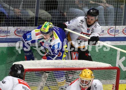 Eishockey ICE Bundesliga.  Winn2day ICE Hockey League. VSV gegen Pioneers Vorarlberg.   Nick Hutchison  (VSV),  Oskar Maier   (Vorarlberg). Villach, am 22.2.2026.
Foto: Kuess
www.qspictures.net
---
pressefotos, pressefotografie, kuess, qs, qspictures, sport, bild, bilder, bilddatenbank