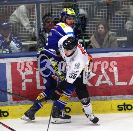 Eishockey ICE Bundesliga.  Winn2day ICE Hockey League. VSV gegen Pioneers Vorarlberg.  Maximilian Rebernig   (VSV),   Michael Kernberger  (Vorarlberg). Villach, am 22.2.2026.
Foto: Kuess
www.qspictures.net
---
pressefotos, pressefotografie, kuess, qs, qspictures, sport, bild, bilder, bilddatenbank