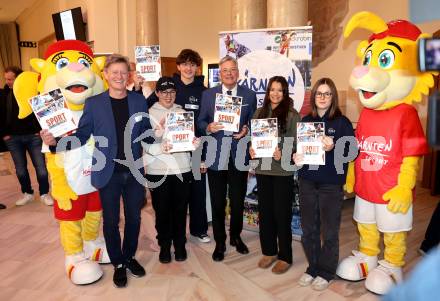 Praesentation des Sportjahresberichts Kaernten 2025. Arno Arthofer, Jakob Seebacher (Wildwassersport),  Romana Zablatnik (Schwimmen), LH Peter Kaiser, Valerie Di Bernardo (Radsport), Lani Buchatschek (Triathlon). 
Foto: Kuess             
---
pressefotos, pressefotografie, kuess, qs, qspictures, sport, bild, bilder, bilddatenbank