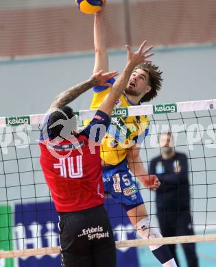 Volleyball.  Austrian Volley League Men.  VBK Kelag Woerther-See-Loewen Klagenfurt gegen SK Zadruga Aich/Dob.   Leonardo Plaza Gandini (Woerthersee-Loewen), Jan Jirasek  (Aich/Dob). Klagenfurt, am 31.1.2026.
Foto: Kuess
www.qspictures.net
---
pressefotos, pressefotografie, kuess, qs, qspictures, sport, bild, bilder, bilddatenbank