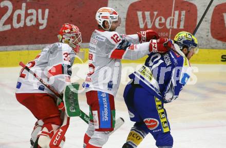 Eishockey ICE Bundesliga.  Winn2day ICE Hockey League. VSV gegen KAC. Nick Hutchison  (VSV),  David Maier, Sebastian Dahm  (KAC). Villach, am 9.1.2026.
Foto: Kuess
www.qspictures.net
---
pressefotos, pressefotografie, kuess, qs, qspictures, sport, bild, bilder, bilddatenbank