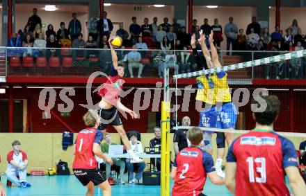 Volleyball.  Austrian Volley League Men.  VBK Kelag Woerther-See-Loewen Klagenfurt gegen SK Zadruga Aich/Dob.   Erik Kolev  (Woerthersee-Loewen), Nicolai Grabmueller  (Aich/Dob). Klagenfurt, am 31.1.2026.
Foto: Kuess
www.qspictures.net
---
pressefotos, pressefotografie, kuess, qs, qspictures, sport, bild, bilder, bilddatenbank