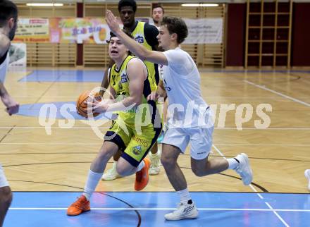 Basketball 2. Liga 2025/2026. Grunddurchgang 20. Runde.  KOS gegen Future Team Steiermark.   David Popp (KOS),  Moritz Gauster (Steiermark). Klagenfurt, am 28.2.2026
Foto: Kuess
---
pressefotos, pressefotografie, kuess, qs, qspictures, sport, bild, bilder, bilddatenbank