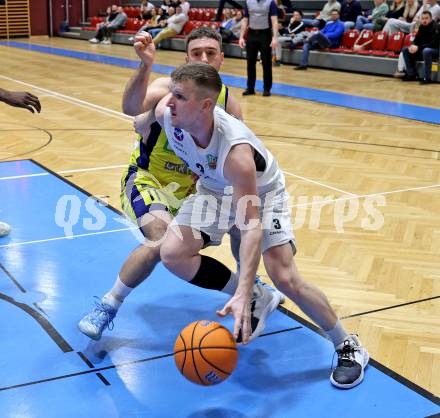 Basketball 2. Liga 2025/2026. Grunddurchgang 20. Runde.  KOS gegen Future Team Steiermark.  Jernej Andolsek Heine  (KOS), Niklas Michel  (Steiermark). Klagenfurt, am 28.2.2026
Foto: Kuess
---
pressefotos, pressefotografie, kuess, qs, qspictures, sport, bild, bilder, bilddatenbank