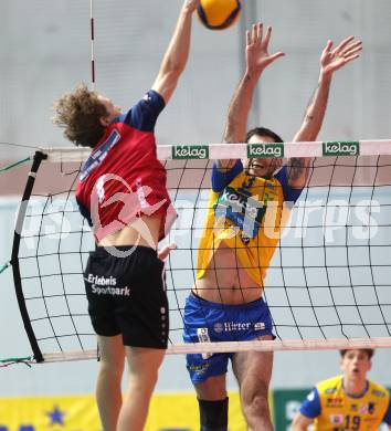 Volleyball.  Austrian Volley League Men.  VBK Kelag Woerther-See-Loewen Klagenfurt gegen SK Zadruga Aich/Dob. Elias Holzinger  (Woerthersee-Loewen),  Luan Weber (Aich/Dob). Klagenfurt, am 7.3.2026.
Foto: Kuess
www.qspictures.net
---
pressefotos, pressefotografie, kuess, qs, qspictures, sport, bild, bilder, bilddatenbank