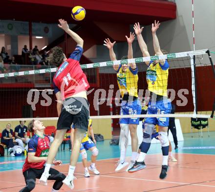 Volleyball.  Austrian Volley League Men.  VBK Kelag Woerther-See-Loewen Klagenfurt gegen SK Zadruga Aich/Dob.  Erik Kolev  (Woerthersee-Loewen), Sebastian Sablatnig, Jan Jirasek  (Aich/Dob). Klagenfurt, am 7.3.2026.
Foto: Kuess
www.qspictures.net
---
pressefotos, pressefotografie, kuess, qs, qspictures, sport, bild, bilder, bilddatenbank