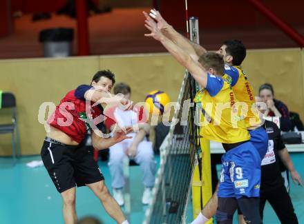 Volleyball.  Austrian Volley League Men.  VBK Kelag Woerther-See-Loewen Klagenfurt gegen SK Zadruga Aich/Dob.  Simon Fruehbauer (Woerthersee-Loewen), Nicolai Grabmueller  (Aich/Dob). Klagenfurt, am 7.3.2026.
Foto: Kuess
www.qspictures.net
---
pressefotos, pressefotografie, kuess, qs, qspictures, sport, bild, bilder, bilddatenbank