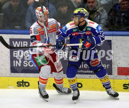 Eishockey ICE Bundesliga.  Winn2day ICE Hockey League. VSV gegen KAC. John Hughes  (VSV),  Tobias Sablattnig  (KAC). Villach, am 9.1.2026.
Foto: Kuess
www.qspictures.net
---
pressefotos, pressefotografie, kuess, qs, qspictures, sport, bild, bilder, bilddatenbank