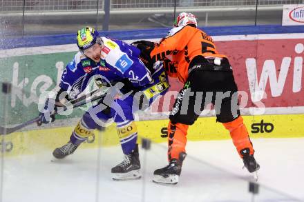Eishockey ICE Bundesliga.  Winn2day ICE Hockey League. VSV gegen Graz99ers.  Dylan Macpherson   (VSV), Nick Swaney   (Graz). Villach, am 12.3.2026..
Foto: Kuess
www.qspictures.net
---
pressefotos, pressefotografie, kuess, qs, qspictures, sport, bild, bilder, bilddatenbank
