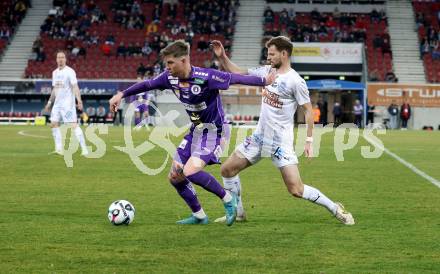 Fussball 2. Liga. SK Austria Klagenfurt gegen FAC Wien.  Nik Marinsek, (Klagenfurt),  Marcus Maier    (FAC Wien).  Klagenfurt, 13.3.2026.
Foto: Kuess
www.qspictures.net
---
pressefotos, pressefotografie, kuess, qs, qspictures, sport, bild, bilder, bilddatenbank