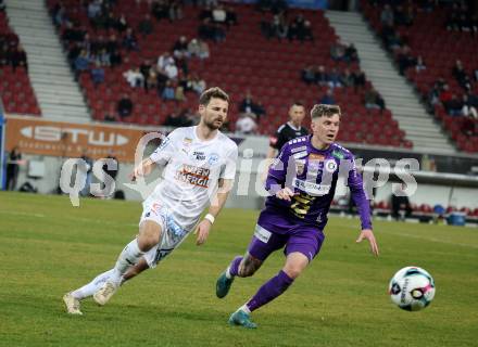 Fussball 2. Liga. SK Austria Klagenfurt gegen FAC Wien. Nik Marinsek,  (Klagenfurt),  Marcus Maier    (FAC Wien).  Klagenfurt, 13.3.2026.
Foto: Kuess
www.qspictures.net
---
pressefotos, pressefotografie, kuess, qs, qspictures, sport, bild, bilder, bilddatenbank