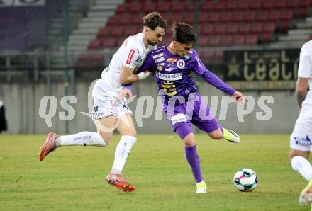 Fussball 2. Liga. SK Austria Klagenfurt gegen FAC Wien.  Armin Karic,  (Klagenfurt),  Moritz Neumann   (FAC Wien).  Klagenfurt, 13.3.2026.
Foto: Kuess
www.qspictures.net
---
pressefotos, pressefotografie, kuess, qs, qspictures, sport, bild, bilder, bilddatenbank
