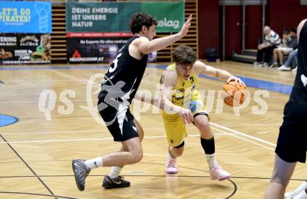 Basketball 2. Liga 2025/2026. Grunddurchgang 22. Runde.   Woerthersee Piraten gegen RAIDERS Tirol.   Lukas Simoner (Piraten),  Rico Hupfauf (Tirol). Klagenfurt, am 14.3.2026
Foto: Kuess
---
pressefotos, pressefotografie, kuess, qs, qspictures, sport, bild, bilder, bilddatenbank