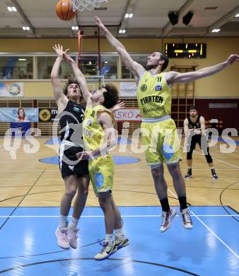 Basketball 2. Liga 2025/2026. Grunddurchgang 22. Runde.   Woerthersee Piraten gegen RAIDERS Tirol.  Matheo Brandstaetter, Andreas Nuck  (Piraten), Felix Erath  (Tirol). Klagenfurt, am 14.3.2026
Foto: Kuess
---
pressefotos, pressefotografie, kuess, qs, qspictures, sport, bild, bilder, bilddatenbank