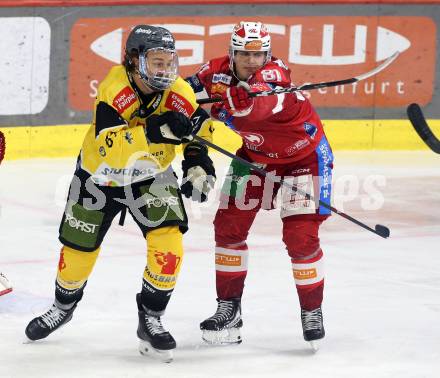 Eishockey ICE Bundesliga.  Winn2day ICE Hockey League. KAC gegen HC Falkenstein Pustertal .  Finn Van Ee  (KAC),  Mikael Frycklund  (Pustertal). Klagenfurt, am 5.1.2026
Foto: Kuess
www.qspictures.net
---
pressefotos, pressefotografie, kuess, qs, qspictures, sport, bild, bilder, bilddatenbank