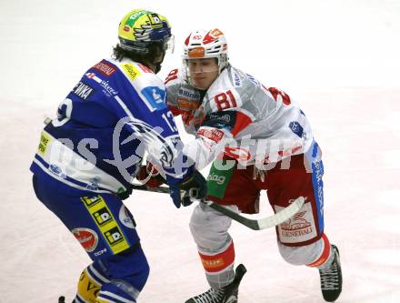 Eishockey ICE Bundesliga.  Winn2day ICE Hockey League. VSV gegen KAC. Adam Helewka  (VSV),  Finn Van Ee  (KAC). Villach, am 9.1.2026.
Foto: Kuess
www.qspictures.net
---
pressefotos, pressefotografie, kuess, qs, qspictures, sport, bild, bilder, bilddatenbank